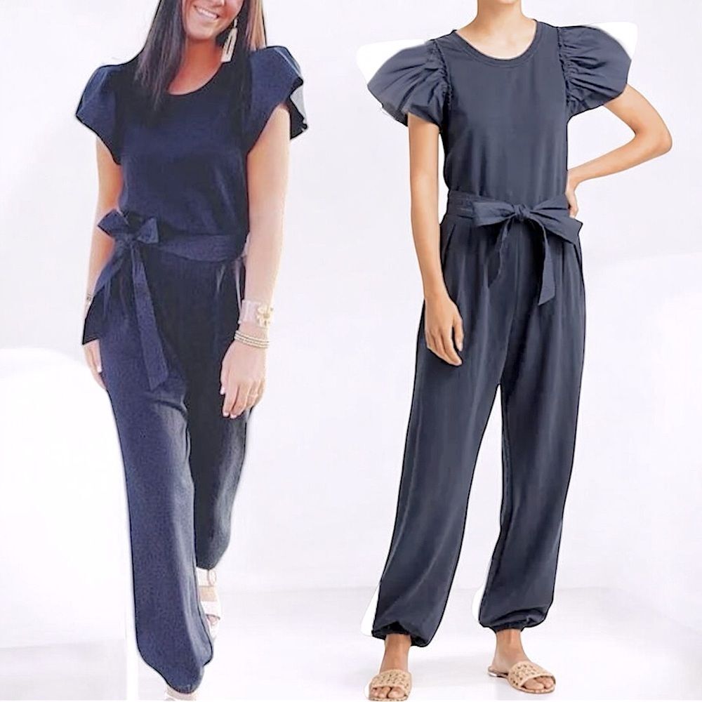 Sundays Full Length Navy Jumpsuit with Flutter Sleeves Self-Tie Belted Medium